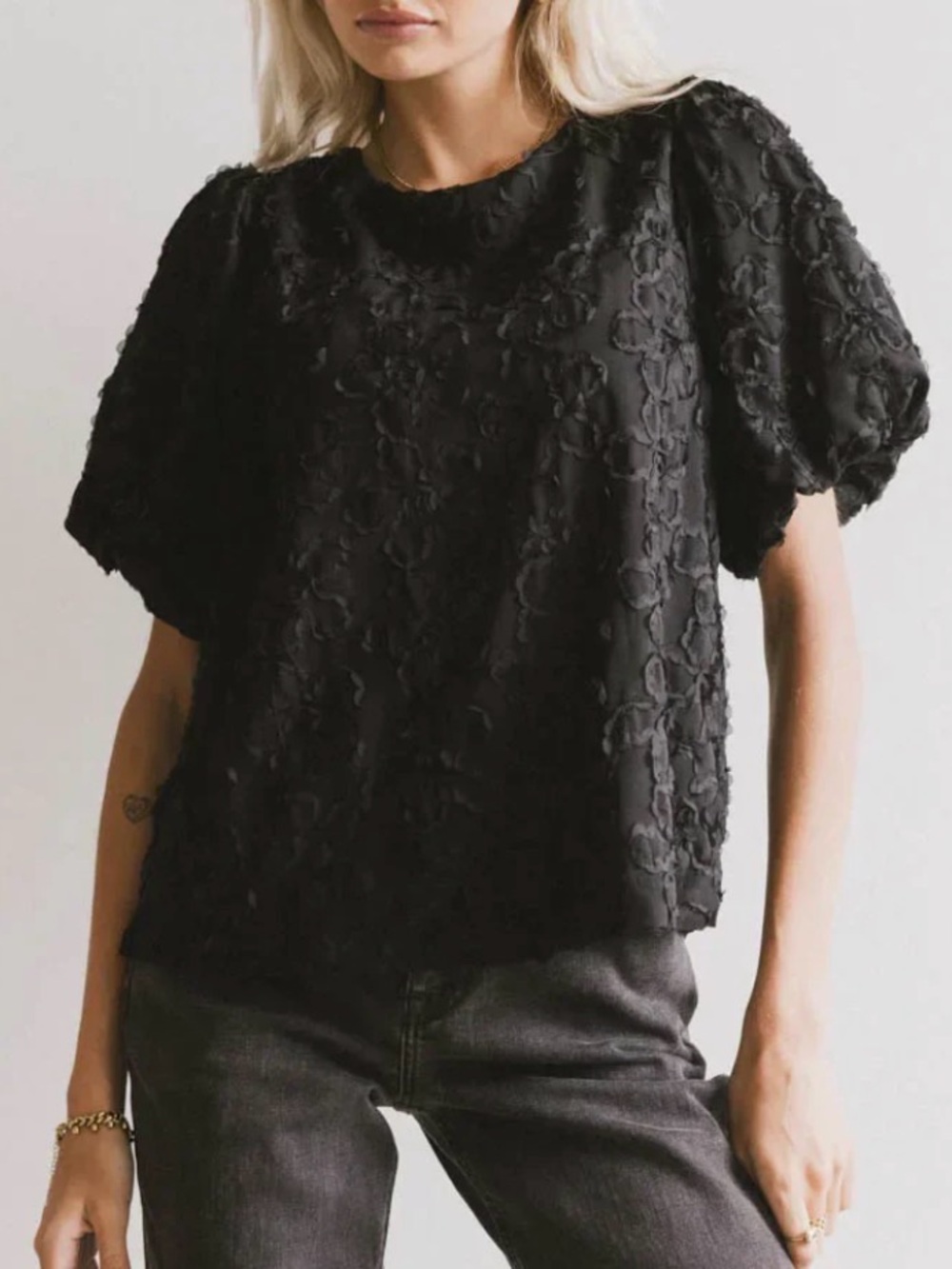 Bohme Saint Blouse Black Textured Puff-Sleeve Top - Women XL